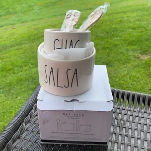 RAE DUNN Guac & Salsa Bowl set w/ 2 bamboo spoons